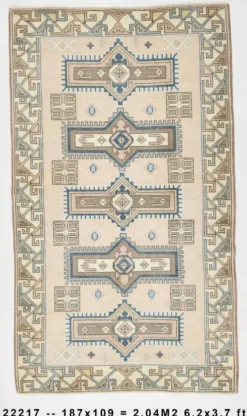 Tapis oriental vintage bleu crème 3x6, 109x187 cm