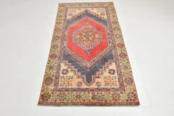 Tapis oriental vintage rouge bleu marine 3x6, 106x201 cm
