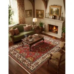 Tapis Oushak noué à la main. Taille et couleurs personnalisées. Tapis en laine rouge turc. Design inspiré des années 1900. Fait sur commande.
