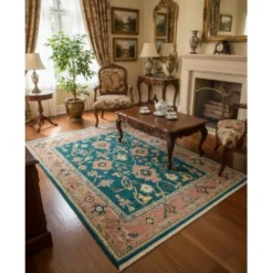 Tapis Oushak noué à la main. Taille et couleurs personnalisées. Tapis en laine vert turc. Design inspiré des années 1900. Fait sur commande.