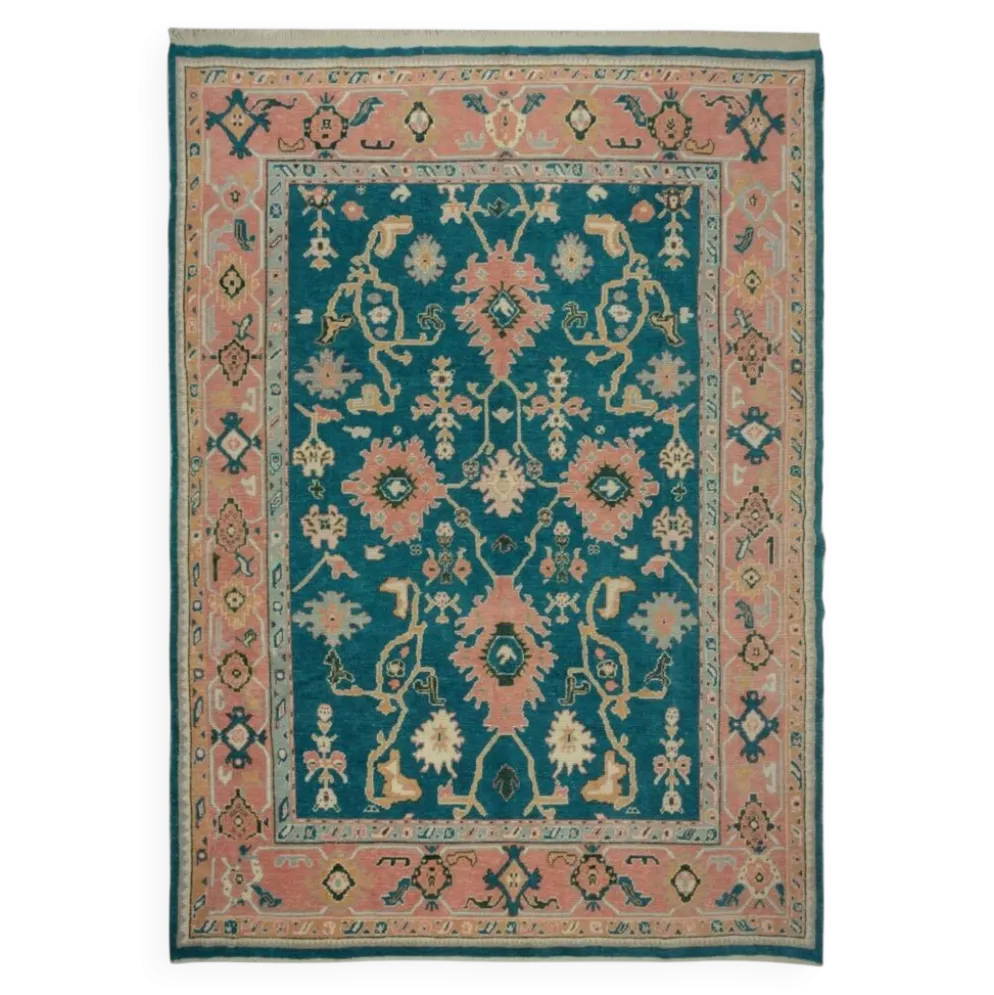 Tapis Oushak noué à la main. Taille et couleurs personnalisées. Tapis en laine vert turc. Design inspiré des années 1900. Fait sur commande.