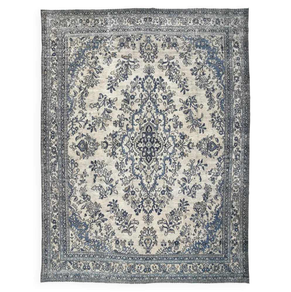 Tapis persan large 10x13 bleu marine et taupe, tapis en laine fait main, 311x402 cm