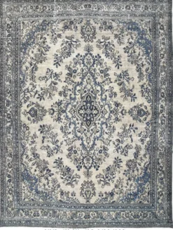 Tapis persan large 10x13 bleu marine et taupe, tapis en laine fait main, 311x402 cm