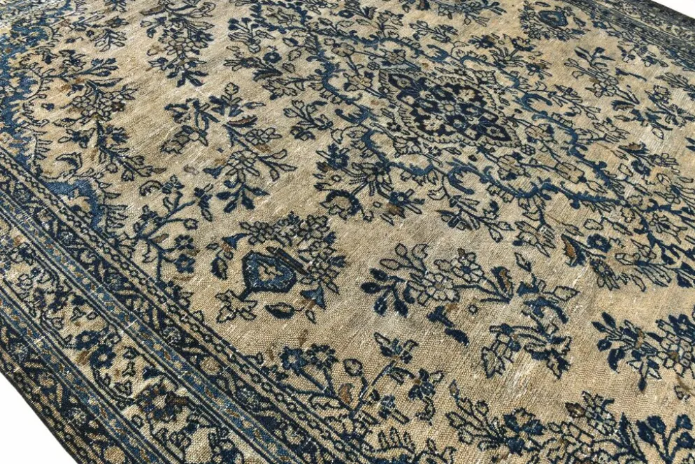 Tapis persan large 10x13 bleu marine et taupe, tapis en laine fait main, 311x402 cm