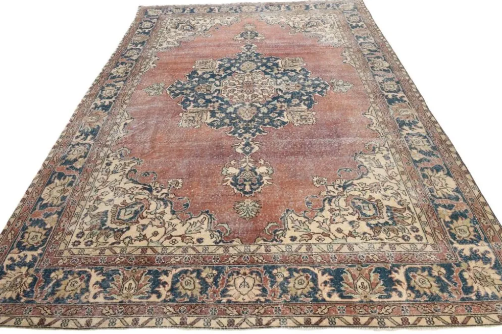 Tapis persan vintage décoratif pastel aux tons terracotta, 238x357 cm