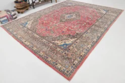 Tapis persan vintage en laine noué main, rouge, motifs floraux, 291x384 cm
