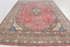 Tapis persan vintage en laine noué main, rouge, motifs floraux, 291x384 cm