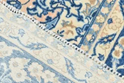 Tapis persan vintage tissé main, motif floral, laine beige et bleu, 301x414 cm