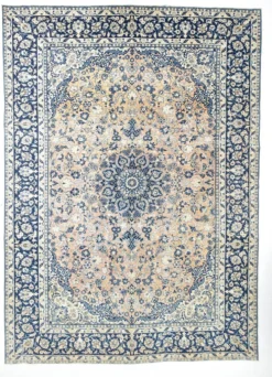 Tapis persan vintage tissé main, motif floral, laine beige et bleu, 301x414 cm