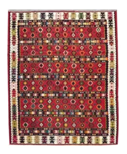 Tapis plat tissé à la main en kilim pirot turc antique à rayures rouges