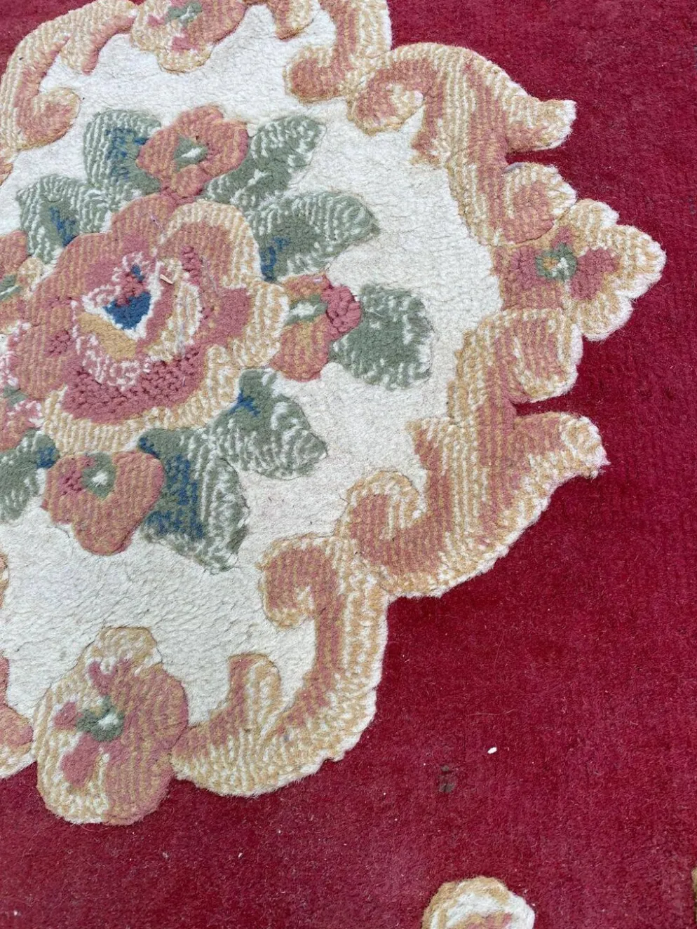 Tapis rond en laine style chinois/aubusson bordeaux et fleurs 115 cm
