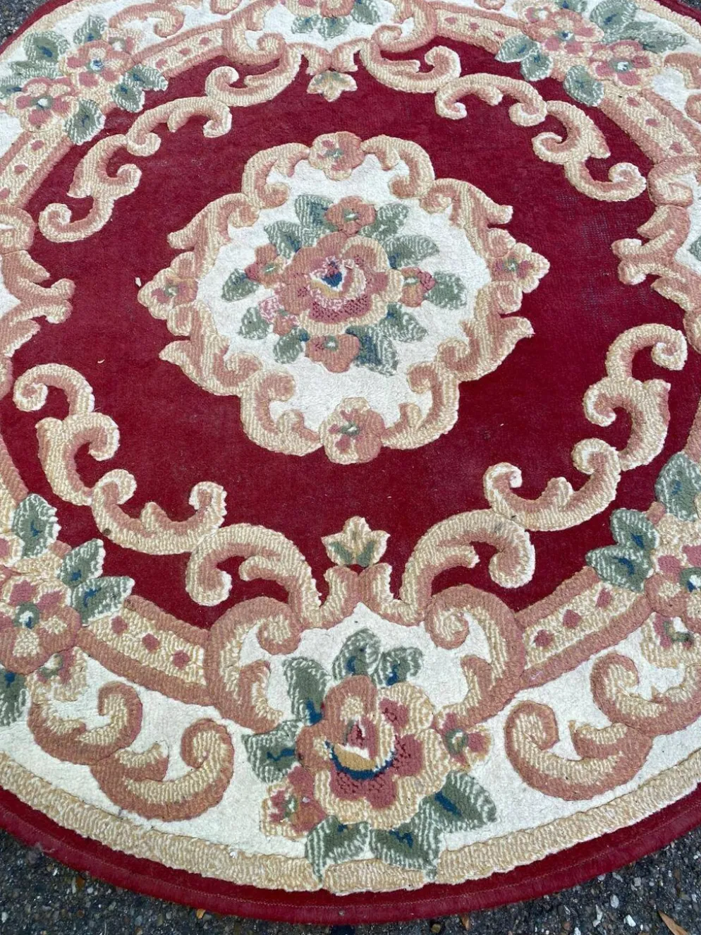 Tapis rond en laine style chinois/aubusson bordeaux et fleurs 115 cm