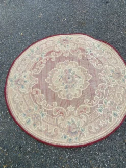Tapis rond en laine style chinois/aubusson bordeaux et fleurs 115 cm
