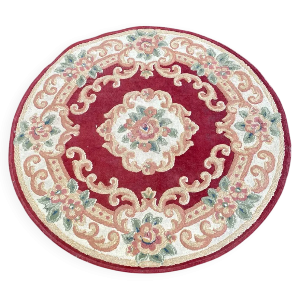 Tapis rond en laine style chinois/aubusson bordeaux et fleurs 115 cm
