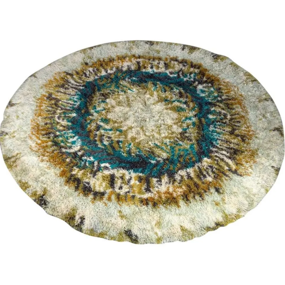 Tapis Rya en laine beige, marron et turquoise.