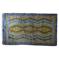 Tapis Rya à poils longs, jaune, aquamarine et gris, style mid-century modern, Suède, années 1960.
