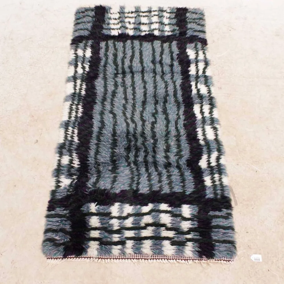 Tapis Rya suédois moderne du milieu du siècle en gris, noir et blanc, années 1950