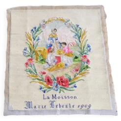 Tapisserie ancienne en point de croix et techniques mixtes : « La Moisson »