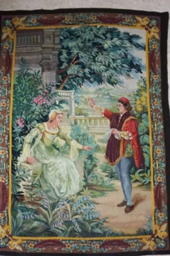Tapisserie Aubusson française antique avec scène romantique