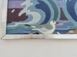 Tapisserie futuriste, en laine, encadrée, mouettes, océan, poissons, 1970
