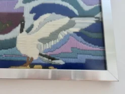 Tapisserie futuriste, en laine, encadrée, mouettes, océan, poissons, 1970