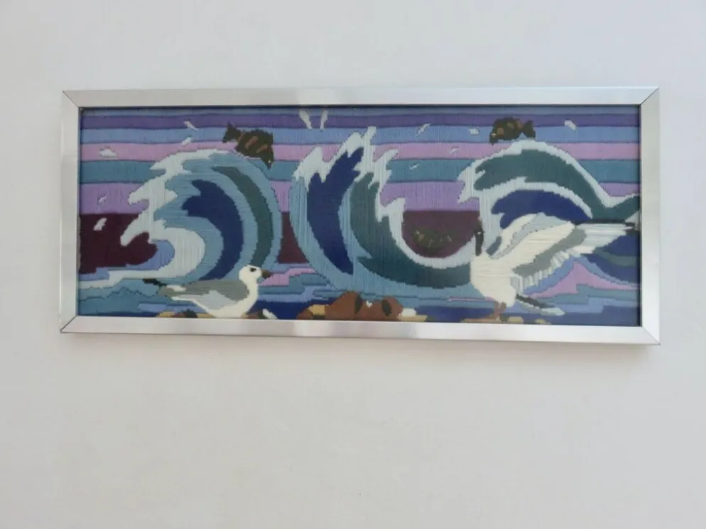 Tapisserie futuriste, en laine, encadrée, mouettes, océan, poissons, 1970