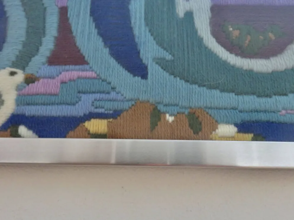 Tapisserie futuriste, en laine, encadrée, mouettes, océan, poissons, 1970