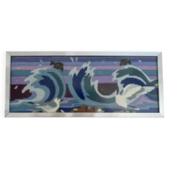 Tapisserie futuriste, en laine, encadrée, mouettes, océan, poissons, 1970