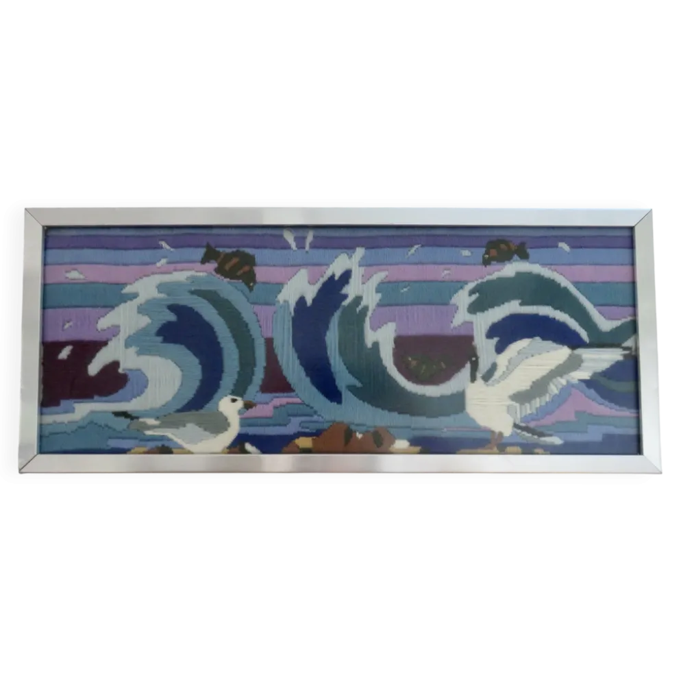 Tapisserie futuriste, en laine, encadrée, mouettes, océan, poissons, 1970
