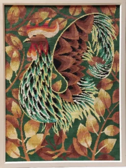 Tapisserie murale - Canevas encadré vintage années 70 - Coq au long plumage