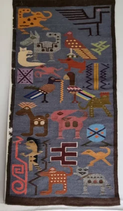Tapisserie murale péruvienne tissée main, motifs zoomorphes, 120 x 60 cm