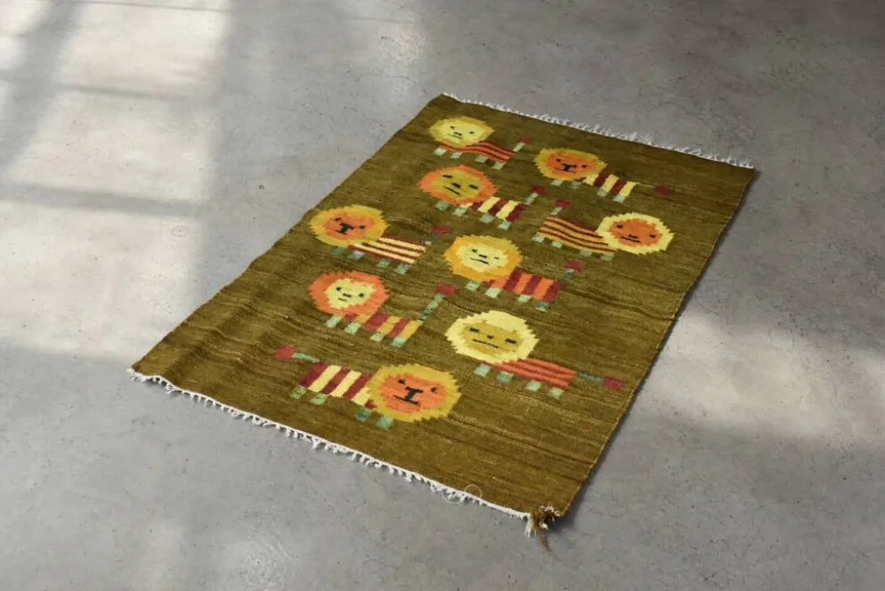 Tapisserie tissée polonaise vintage Lions par Maria Janowska, années 1970