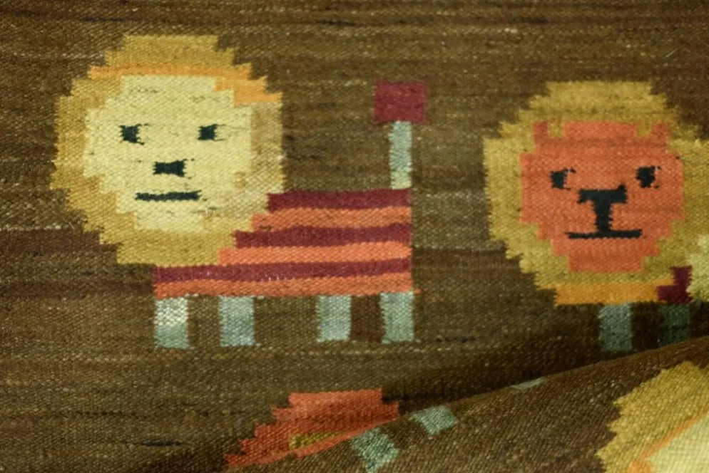 Tapisserie tissée polonaise vintage Lions par Maria Janowska, années 1970