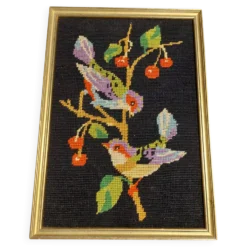 Tapisserie vintage encadrée oiseaux sur fond noir