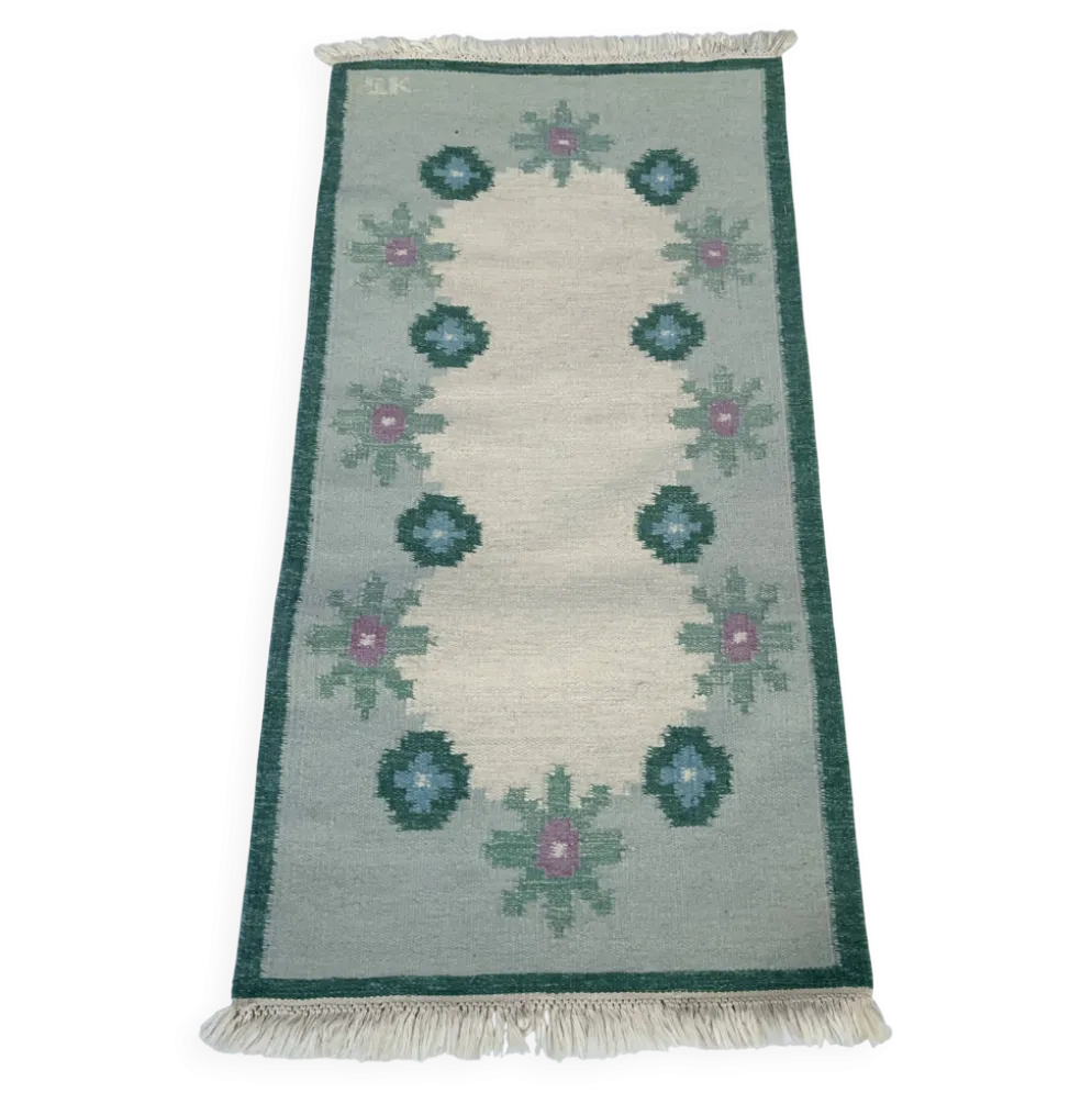 Tapis suédois en laine tissé à plat Kilim Rölakan en vert par Karin Jonsson 1960