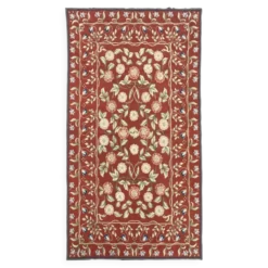 Tapis traditionnel bordeaux style Aubusson floral en laine tissé à la main en point de croix