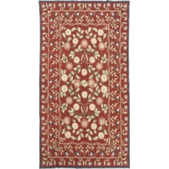 Tapis traditionnel bordeaux style Aubusson floral en laine tissé à la main en point de croix