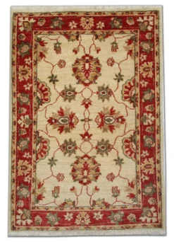 Tapis traditionnel en laine crème, petit tapis oriental à motifs floraux rouges 86 x 123 cm