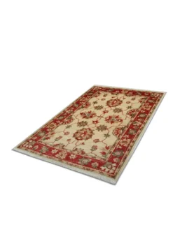 Tapis traditionnel en laine crème, petit tapis oriental à motifs floraux rouges 86 x 123 cm
