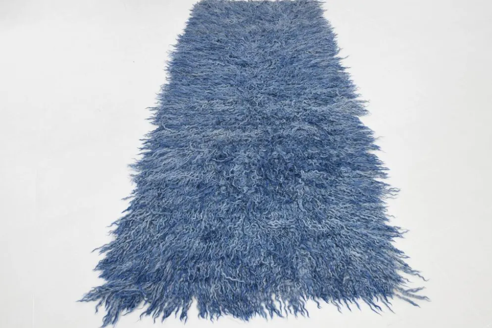 Tapis Tulu Vintage Bleu, Laine à Poils Longs, Style Shaggy, 115x301 Cm
