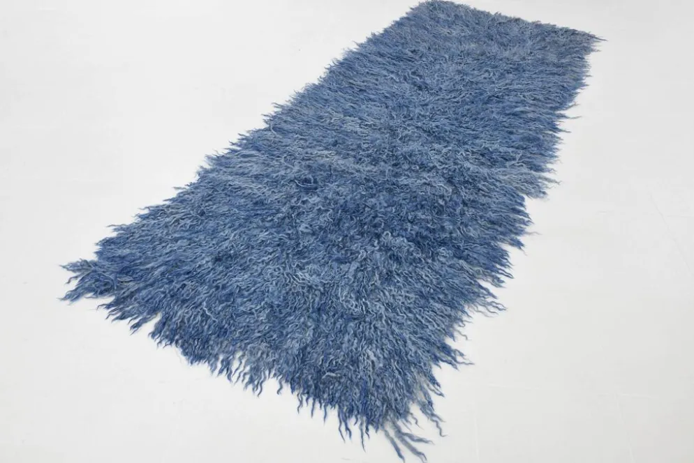 Tapis Tulu Vintage Bleu, Laine à Poils Longs, Style Shaggy, 115x301 Cm