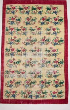 Tapis turc vintage floral rouge rubis, tapis en laine fait main, 202x309 cm
