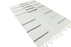Tapis Turc Vintage Ivoire et Noir, Rayé, Décoration Salon Bohème, 176X258Cm