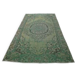 Tapis turc vintage vert et olive à médaillon, noué main, 160 x 262 cm