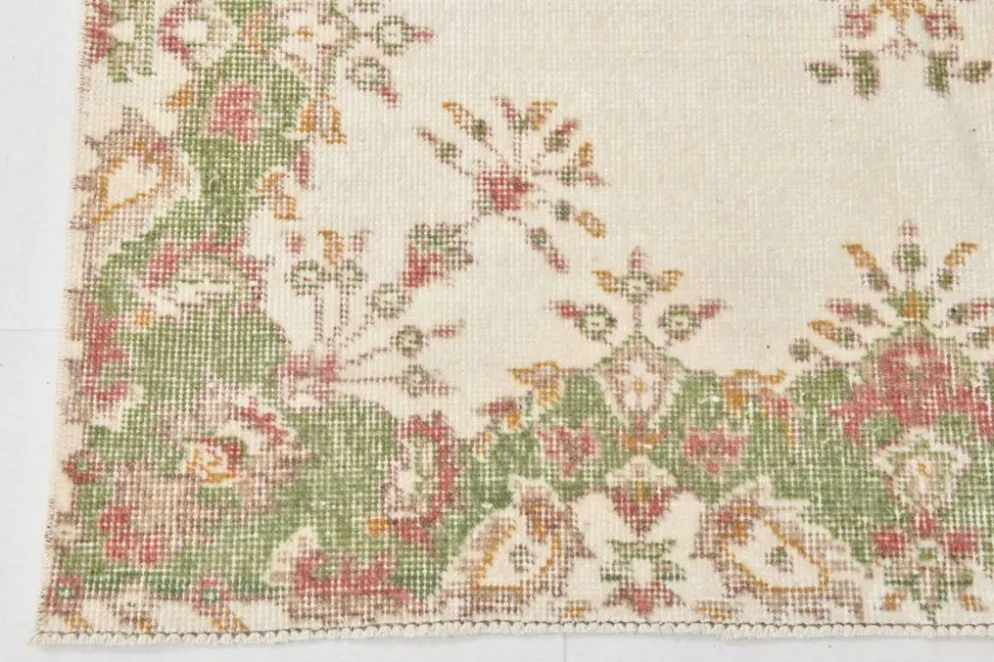 Tapis vintage à motif floral beige et vert 4x7, tapis anatolien, 113x207 cm