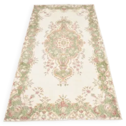 Tapis vintage à motif floral beige et vert 4x7, tapis anatolien, 113x207 cm