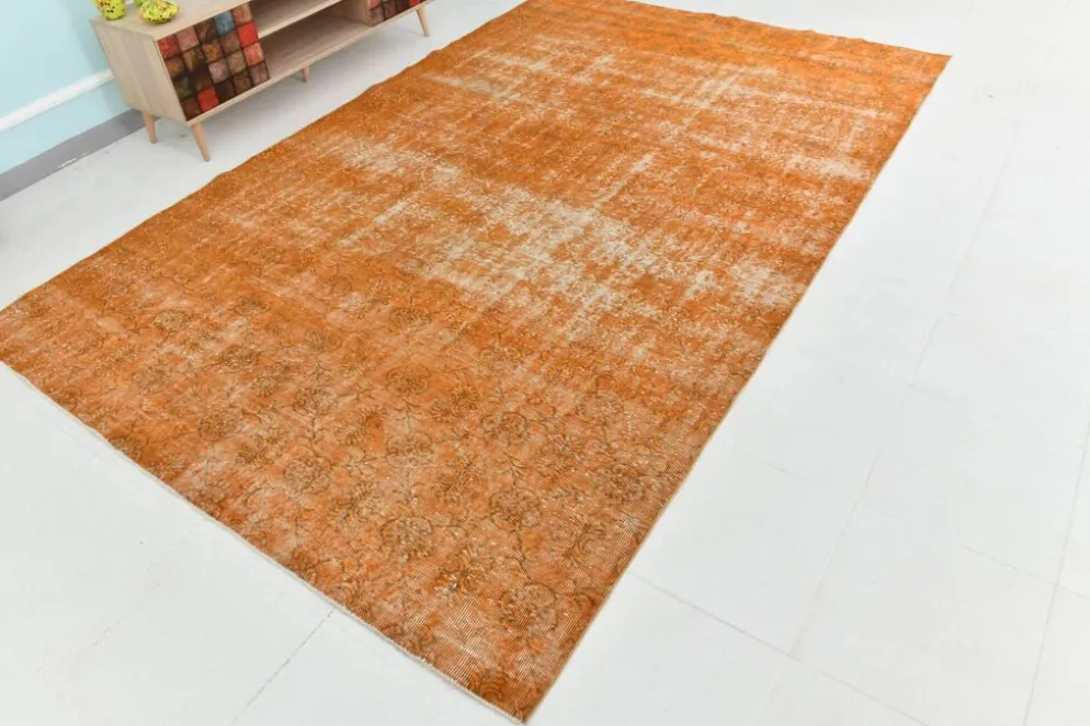 Tapis Vintage Orange Ocre Patiné, Style Bohème Chic