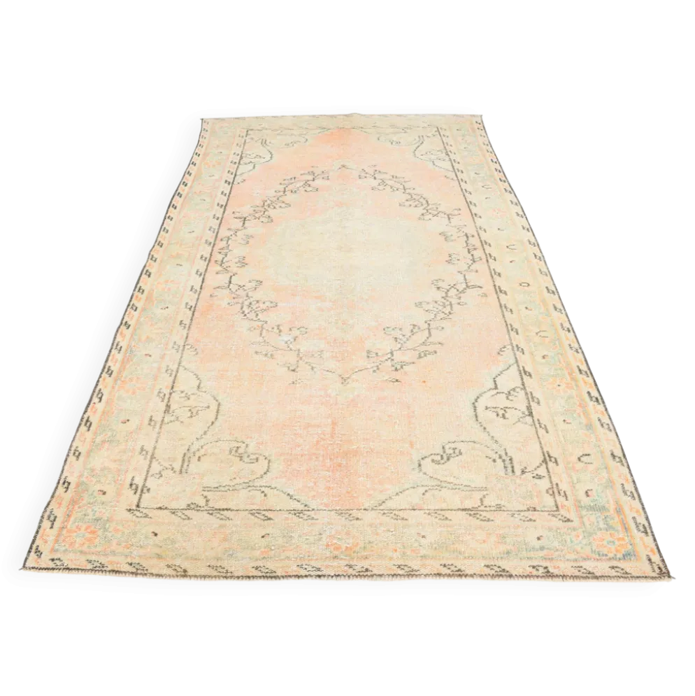Tapis vintage Oushak rose blush et vert sauge pour salon, 166x266 cm