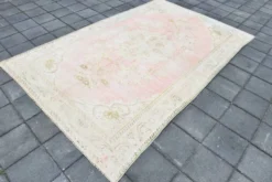 Tapis vintage turc en laine fait main, rose blush atténué, Oushak, 186x290 cm