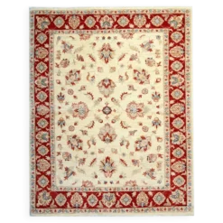 Tapis Ziegler crème à bordure rouge, tapis oriental floral en laine noué à la main